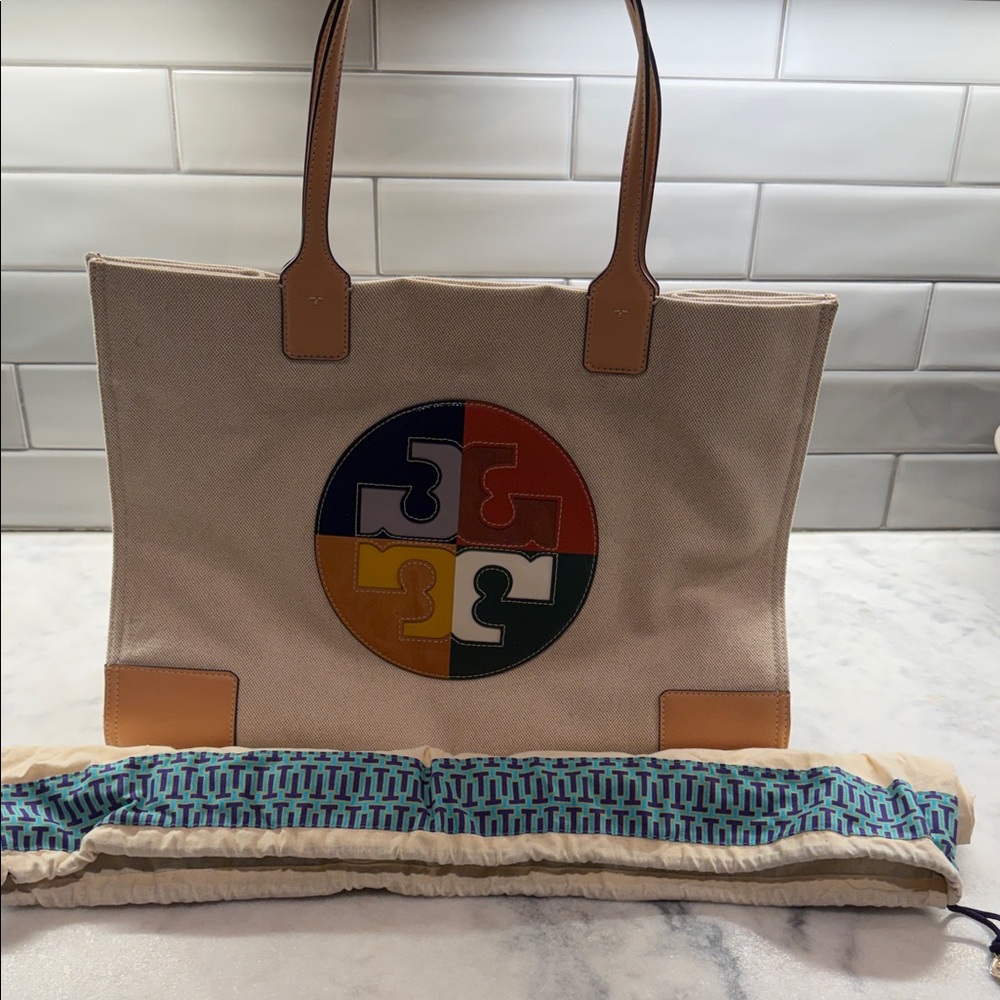 Tory Burch Ella Canvas Colorblock Logo Tote Bag OS Beige Tan Multicolor - Picture 2 of 11